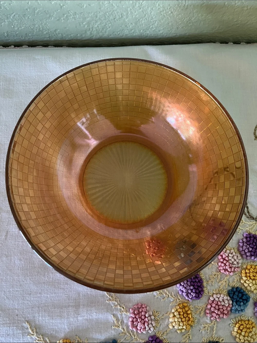 Hazel Atlas Amber Marigold Glass Berry Bowl Diamond Point Column Pattern UV
